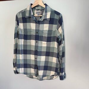 Carhartt Women's Blue and White Rugged Flex Plaid Flannel Shirt Size Medium